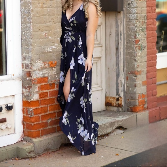 Lulu’s Navy Blue Floral Wrap Tie Front Maxi Dress - Picture 2 of 9
